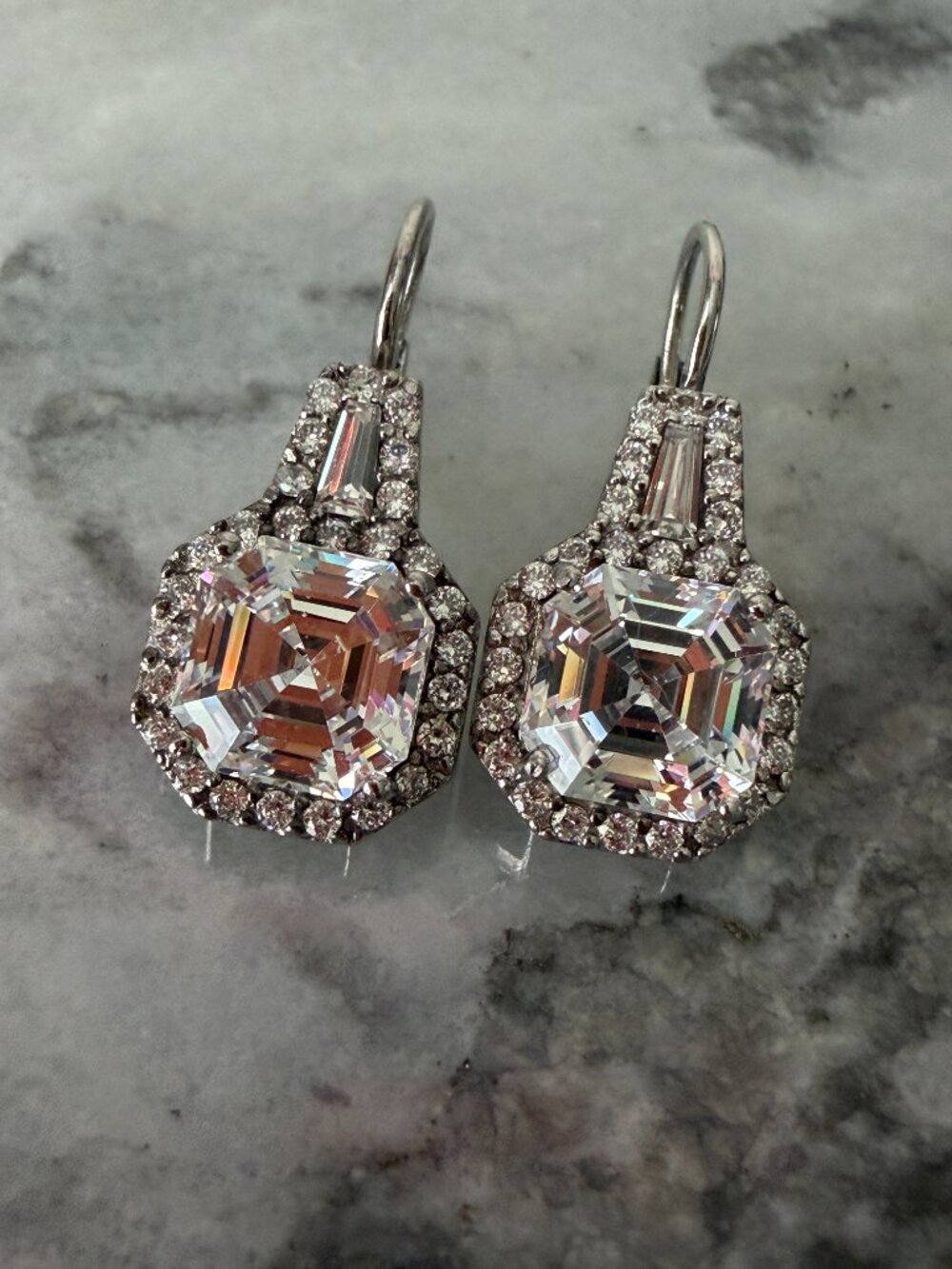 Beautiful Art Deco Asscher, Baguette & Round Clear CZ Drop 925 Silver Earrings